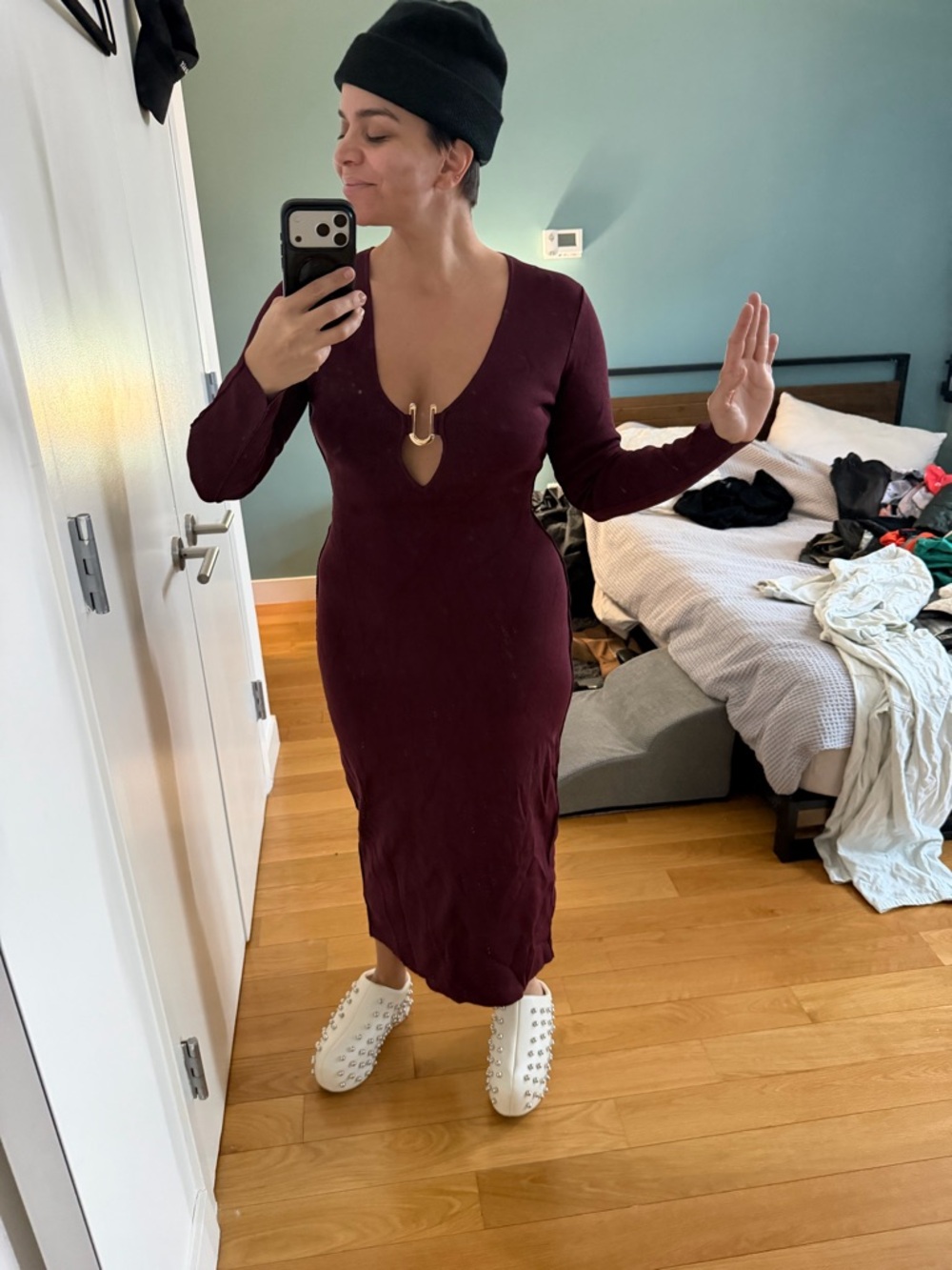 Zara Deep Burgundy Long Sleeve Midi Dress with Keyhole Accent